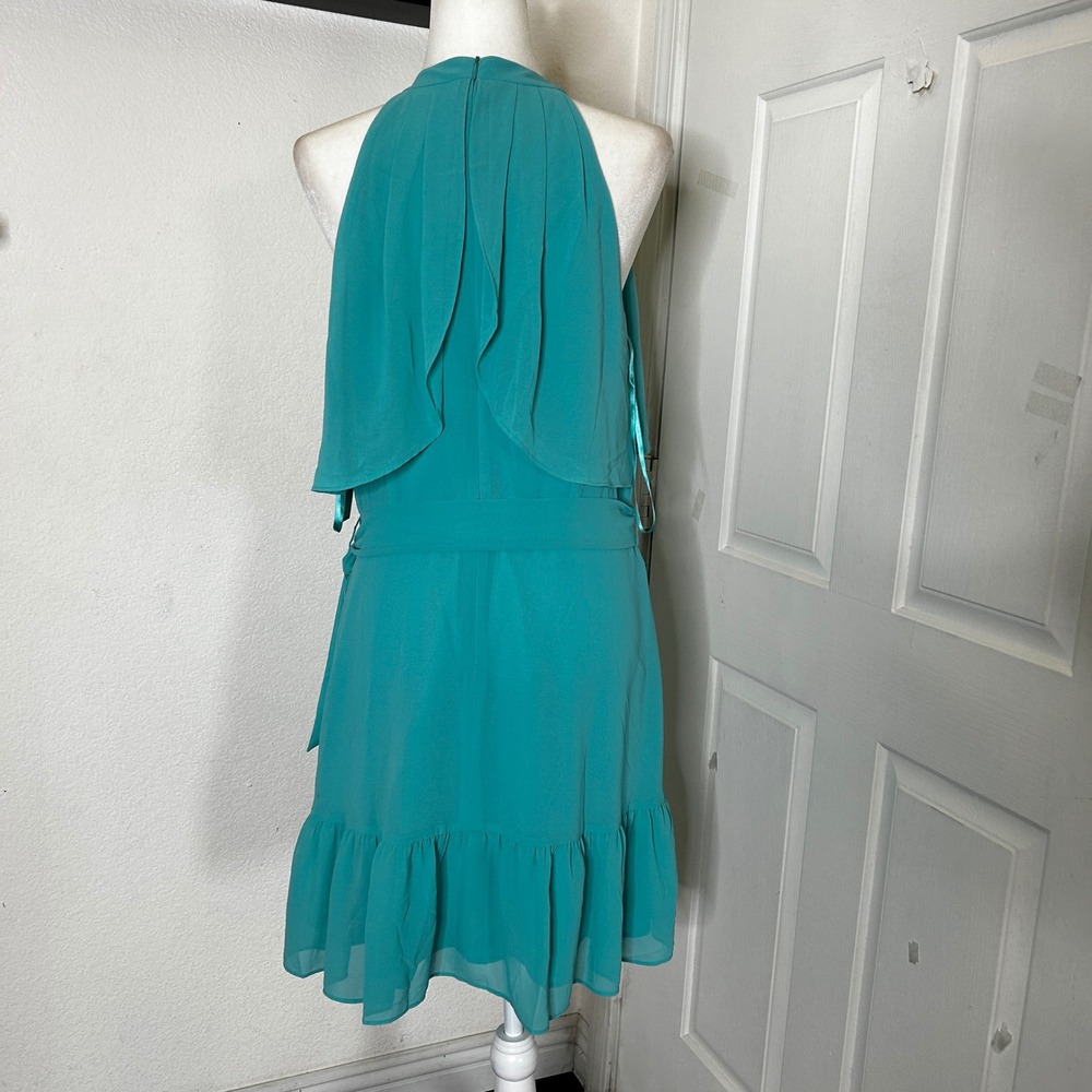 NWT Eliza J Halter Popover Mini Dress Womens 14 Turquoise Chiffon Ruffle Wedding - Picture 7 of 14